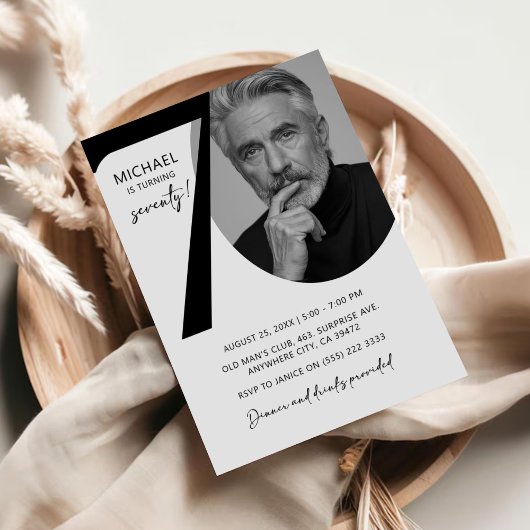 白モダン黒70thフォトバースデーパーティー 招待状