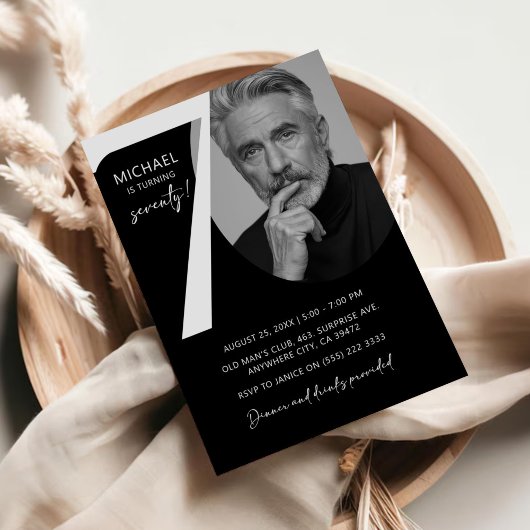 白モダン黒70thフォトバースデーパーティー 招待状