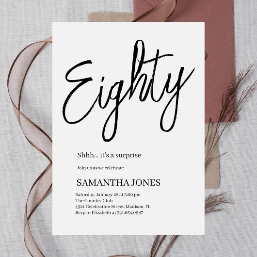 白モダン黒80歳の誕生日パーティー 招待状