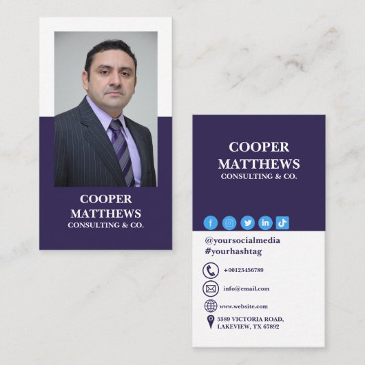 白モダン&ネイビープロフェッショナル事業写真 名刺 (正面/裏面)