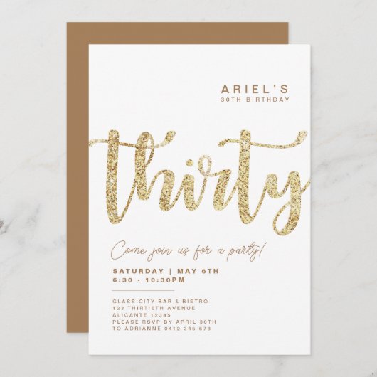 白モダン&金ゴールド30歳の誕生日招待状 招待状 (正面/裏面)