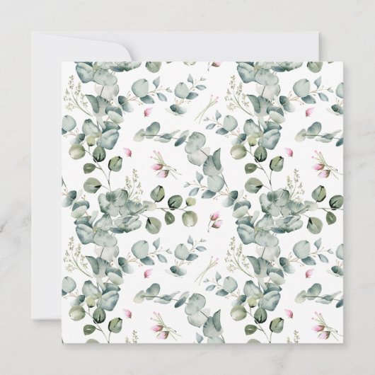 白モノグラムにピンク離れの花と緑の花 ノートカード (裏面)