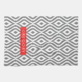 白モノグラムのと灰色の幾何学的パターン キッチンタオル (横)