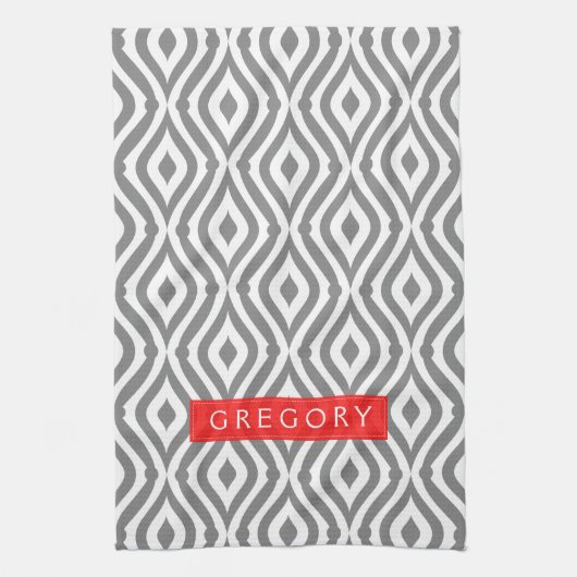白モノグラムのと灰色の幾何学的パターン キッチンタオル (縦)