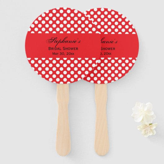 白モノグラムのと赤の水玉模様ブライダルシャワー ハンドファン (正面&裏面)