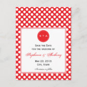 白モノグラムのと赤の水玉模様日付の保存 案内ポストカード (正面)