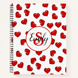 白モノグラムのスタイリッシュの赤いハートパターン ノートブック