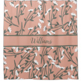 白モノグラムのピンクと緑の花柄 シャワーカーテン (正面)