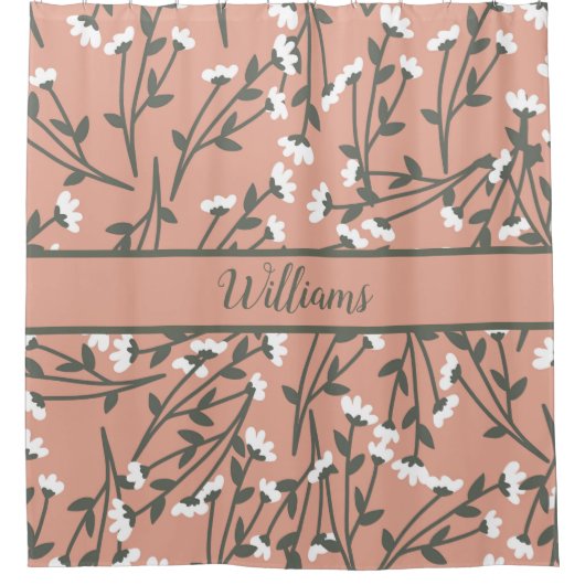 白モノグラムのピンクと緑の花柄 シャワーカーテン (正面)