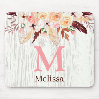 白モノグラムの木の水の色素朴フローラ マウスパッド