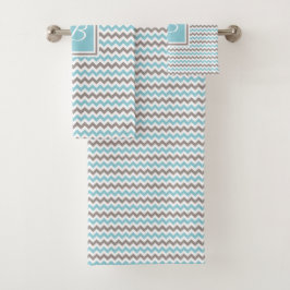 白モノグラムの青グレーシェブロン バスタオルセット