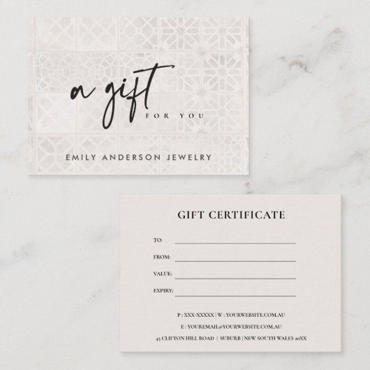 白モロッコタイルテクスチャギフト証明書 名刺 (正面/裏面)