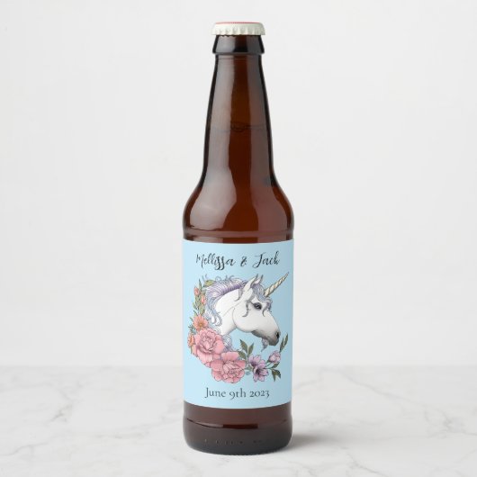 白ユニコーンピンクの花結婚青 ビールラベル (正面)
