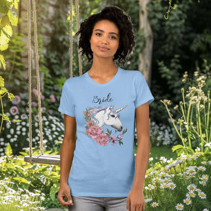 白ユニコーンピンクの花結婚青 Tシャツ