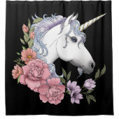 白ユニコーン花ピンク黒 シャワーカーテン (正面)