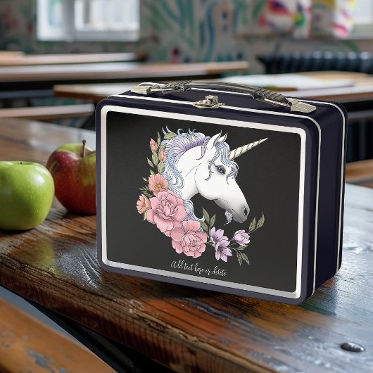 白ユニコーン花ピンク黒 メタルランチボックス