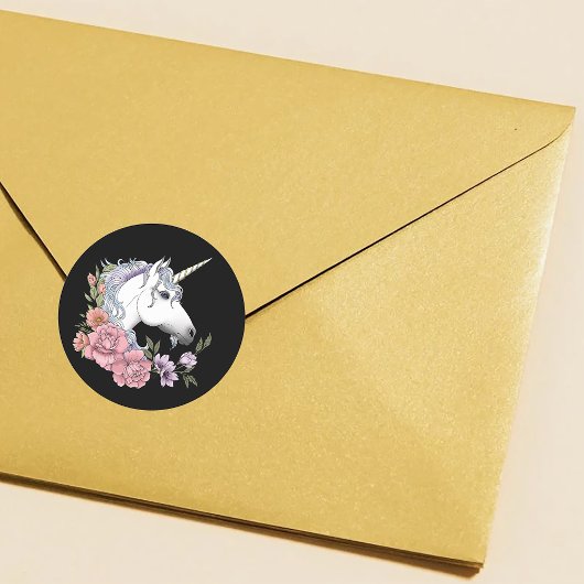 白ユニコーン花ピンク黒 ラウンドシール