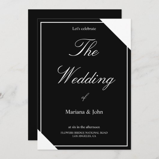 白ユニークと黒のフォーマルシンプルシック結婚ズ 招待状 (正面/裏面)