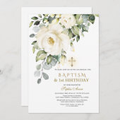 白ユニーク花洗礼第一誕生日パート 招待状 (正面/裏面)