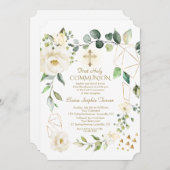 白ユニーク花金ゴールド枠の聖餐式 招待状 (正面/裏面)