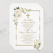 白ユニーク花金ゴールド聖餐式 招待状 (正面/裏面)