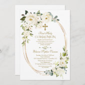 白ユニーク花金ゴールド聖餐式 招待状 (正面/裏面)