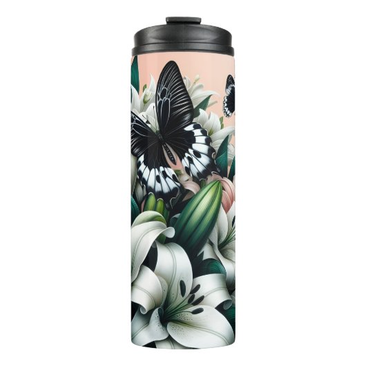 白ユリの上の白黒の蝶 タンブラー (正面)