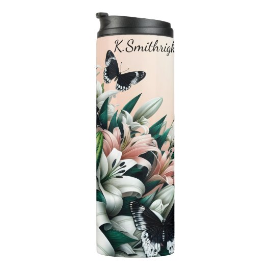 白ユリの上の白黒の蝶 タンブラー (回転右)