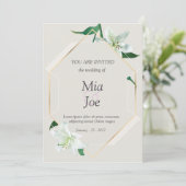 白ユリの花と幾何学的結婚式招待状 セーブザデート (スタンド正面)