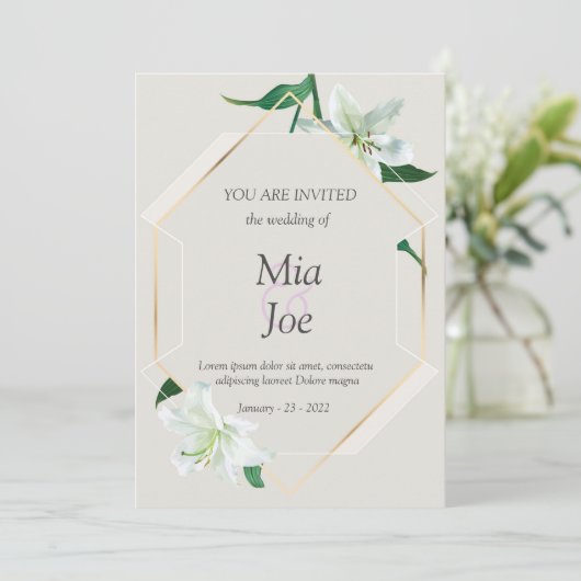 白ユリの花と幾何学的結婚式招待状 セーブザデート (スタンド正面)