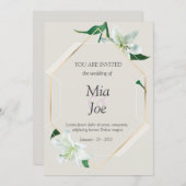 白ユリの花と幾何学的結婚式招待状 セーブザデート (正面/裏面)