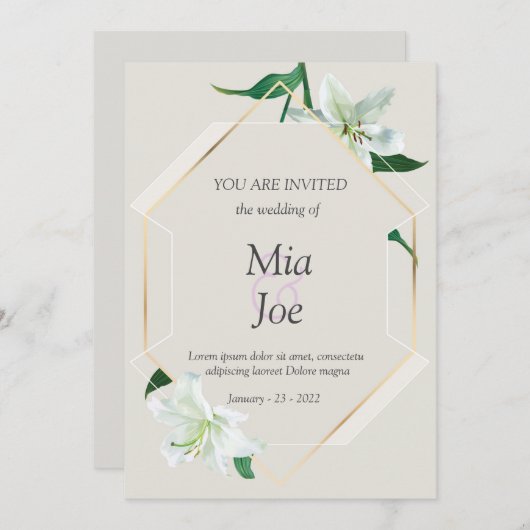 白ユリの花と幾何学的結婚式招待状 セーブザデート (正面/裏面)