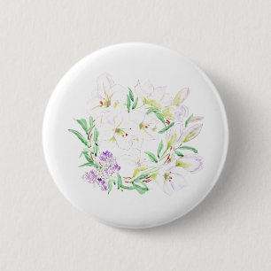 白ユリの花リース絵画水彩 缶バッジ