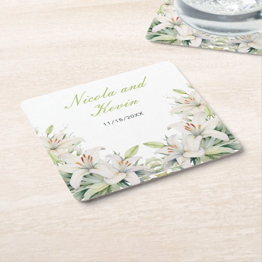 白ユリ結婚の花 スクエアペーパーコースター (アングル)