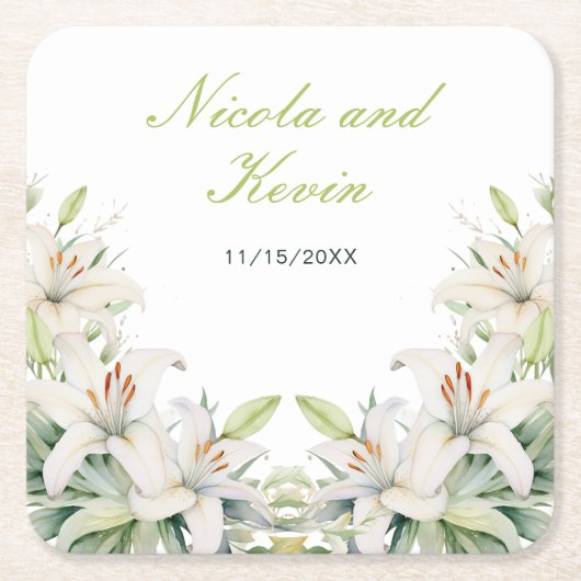 白ユリ結婚の花 スクエアペーパーコースター (正面)