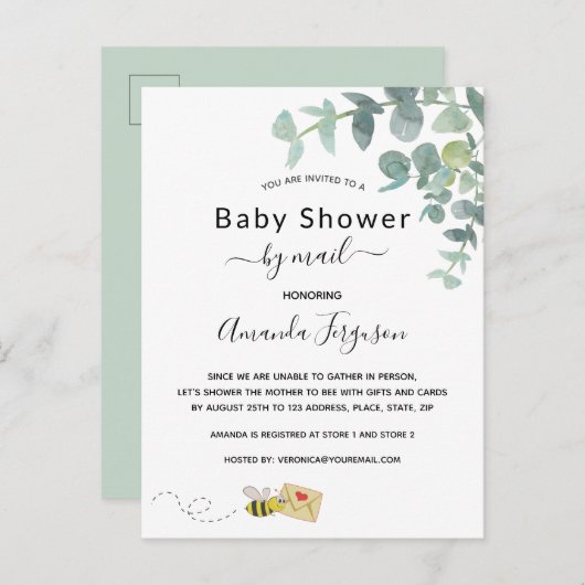 白ユーカリの緑のミツバチの郵便でベビーシャワー ポストカード (正面/裏面)