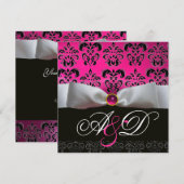 白リボン ピンク パープル ブラック ダマスク モノグラム 招待状 (正面/裏面)