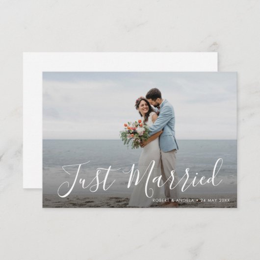 白レタリング結婚たった今結婚しました発表 サンキューカード (正面/裏面)