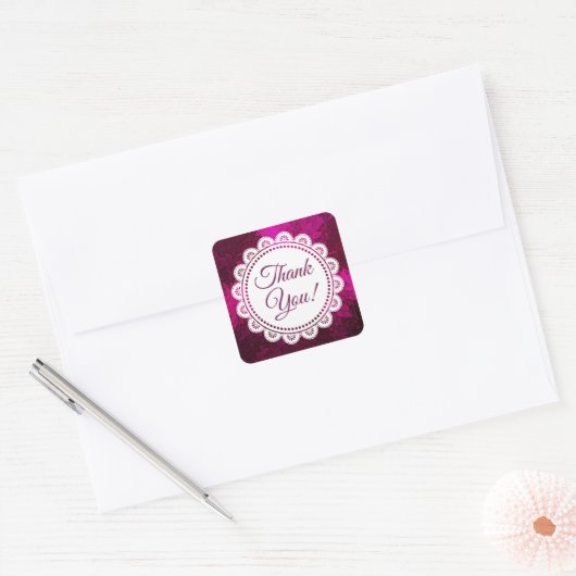 白レースとマゼンタシールありがとう スクエアシール (封筒)