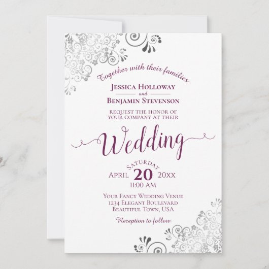 白レースのよう色のカシスエレガントパープル結婚銀 招待状 (正面)