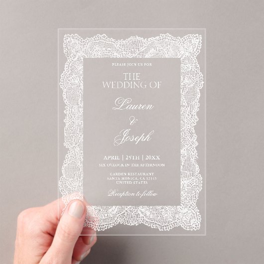 白レースのウェディング アクリル招待状 (インサイチュ (ポータブル))
