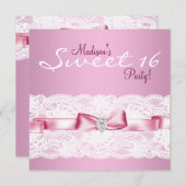 白レースのピンクのスイート16の誕生日パーティー 招待状 (正面/裏面)