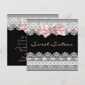 白レースのピンク ブラック スイート16 バースデーパーティー 招待状 (正面/裏面)