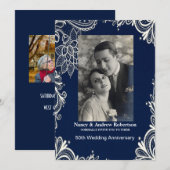 白レース ネイビーブルー 海洋風 50周年 結婚記念日 招待状 (正面/裏面)