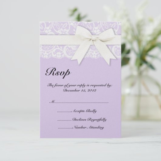 白レース ライラック パープル 結婚式招待状 出欠カード (スタンド正面)