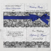 白レース、n青いリボン本の折り畳み結婚式 プログラム (正面/裏面)