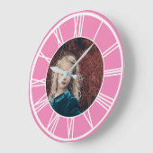 白ローマ数字ピ縁どンク追加フォトラウンド ラージ壁時計 (傾斜)