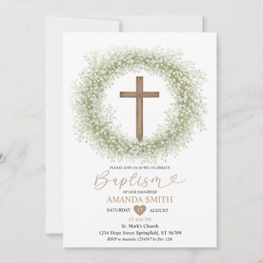 白ワイルドフラワーベビーズブレスウッドクロスバプテスマ 招待状 (正面)