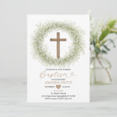 白ワイルドフラワーベビーズブレスウッドクロスバプテスマ 招待状 (スタンド正面)