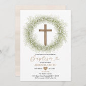 白ワイルドフラワーベビーズブレスウッドクロスバプテスマ 招待状 (正面/裏面)